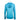 Back view of a lady's blue long-sleeve shirt with a hood.