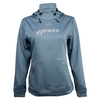 Light blue hooded sweatshirt with a built-in neck gaiter and a white hewes logo across the chest. 