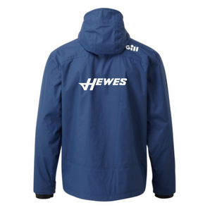 Blue jacket with a white Hewes logo on the back.