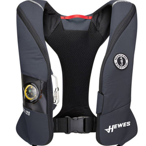 A grey life vest with a buckle closure and a white hewes logo on the bottom corner of the left side.
