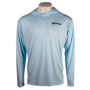 Light blue long-sleeve hooded shirt with the hewes logo on the front. 
