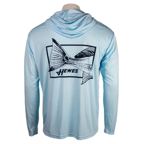 Light blue long-sleeve shirt featuring a fish design and the name 'Hewes' on the back.