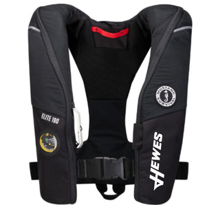 A black life vest with a white hewes logo in white on the left side. 