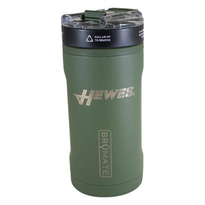 Green insulated travel mug with a clear and black lid, featuring the hewes branding on the side. 