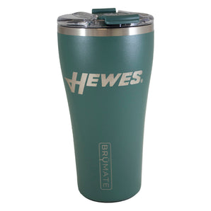 Green insulated tumbler with a clear lid and metal accents featuring the Hewes logo.