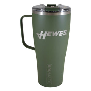 Green insulated travel mug with a handle and a clear lid, featuring the hewes logo engraved on the side. 