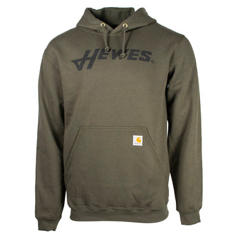 Olive green hoodie with a front pocket and black hewes logo on the chest. 