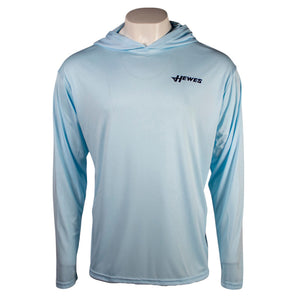 Light blue long-sleeve hoodie with a hewes logo on the chest