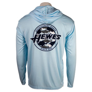 Light blue hoodie featuring a circular logo with the text 'HEWES' and fish illustrations on the back.