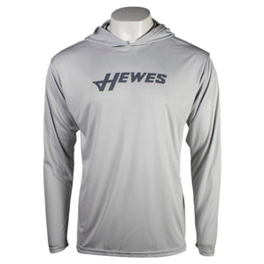 Men's long-sleeve hoodie in light gray with a grey hewes logo on the front.