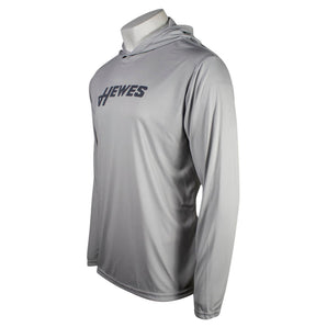 Gray long-sleeve hooded shirt with 'HEWES' printed on the front