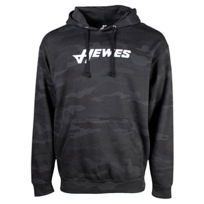 Front of a black camo hoodie with a hewes logo in white across the chest. 