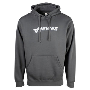Front of a charcoal hoodie with a hewes logo printed in white across the front. 