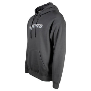 Side of a charcoal grey hoodie with a white hewes logo on the front. 