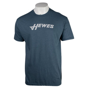 Front of a navy-blue tee with a grey hewes logo on the chest. 