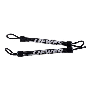 Two black poles with looped rope ends, featuring white hewes logos on them. 