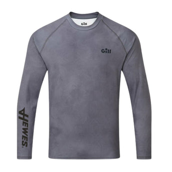 Gray long-sleeve athletic shirt with Gill branding on the chest and the hewes logo on the right sleeve in black. 