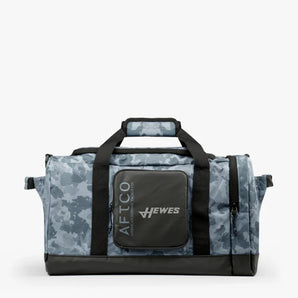 Light blue camouflage duffel bag with AFTCO and HEWES logos