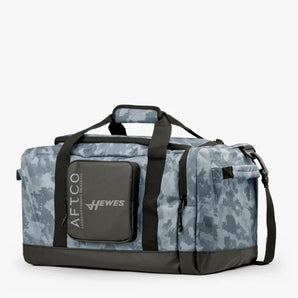 Light blue camo duffel bag with the hewes logo on the front pocket. 