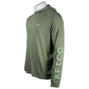 Side of an olive green hooded long sleeve with an AFTCO logo on the chest and sleeve.