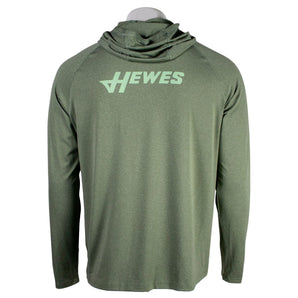 Back of a green hooded long sleeve with a light green Hewes logo on the shoulder blades.