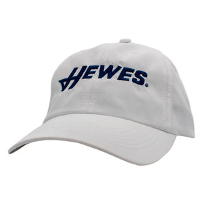 White baseball cap with a navy 'Hewes' logo