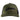 Front of an olive green baseball cap with a black hewes logo.