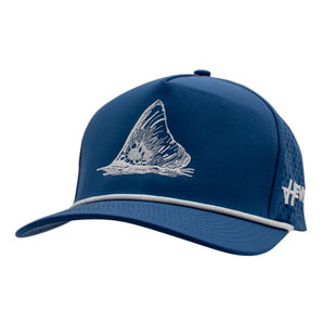 Blue baseball cap with a white fishtail logo on the front