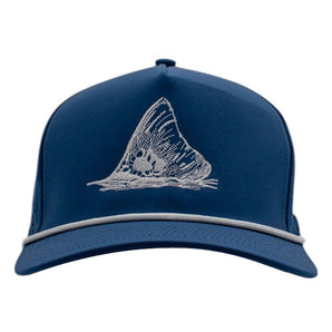 A blue cap with a white rope, featuring a graphic of a fishtail on the front.