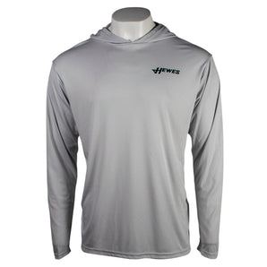 Light gray long-sleeve hoodie with hood and green hewes logo