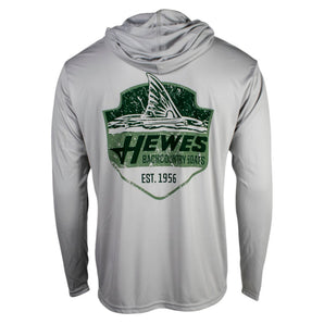 A light gray long-sleeve hoodie with a green graphic logo of 'Hewes Backcountry Boats, established in 1956' on the back.