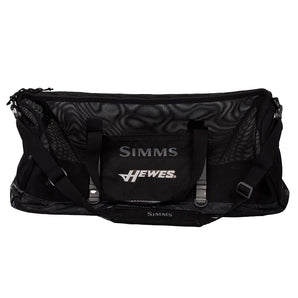 A black duffel bag featuring the logos of Simms and Hewes.