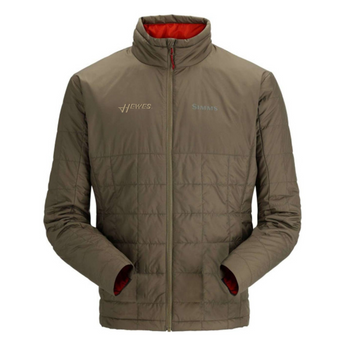 Men's quilted jacket in olive green with a red interior.