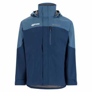 A two-tone blue jacket with a grey simms logo on the left chest and a white hewes logo on the right chest. 