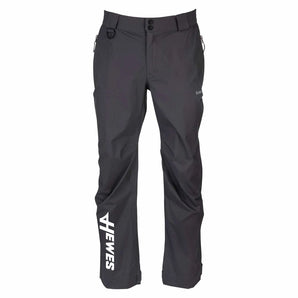 A pair of grey rain pants with the hewes logo in white on the right shin. 