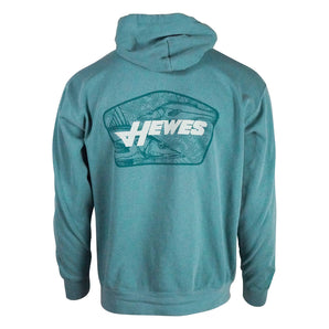 Back view of a teal hoodie with a teal graphic of fish and the word 'Hewes' on it.