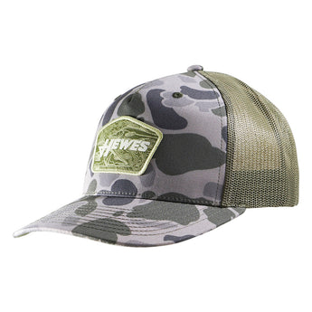 Gray camo trucker hat with a green mesh back and a green hewes patch logo on the front.
