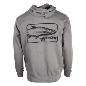 Back of a gray hoodie with a fish graphic and Hewes logo.