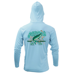 Back of a light blue hooded long sleeve with a green and orange illustration on the back of three fish jumping in front of trees with a fishing lure above them. 