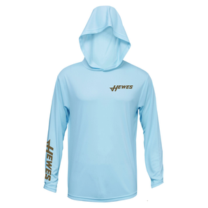 Front of a light blue hooded long sleeve with the hewes logo in brown on the left chest and bottom of the right sleeve.