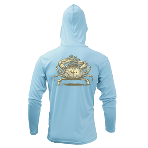 Back of a light blue hooded long sleeve with a tan crab illustration.