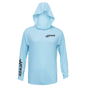 Front of a light blue hooded long sleeve with the hewes logo in grey on the left chest and right sleeve. 