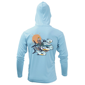 Back of a light blue hooded long sleeve with an illustration of fish swimming under a sun, with a pelican in the mid-ground. 