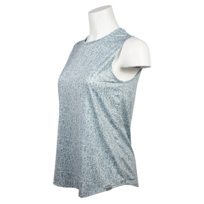 Side of a light blue sleeveless top with a blue floral pattern. 