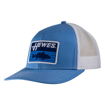 Light blue and white mesh baseball cap with a dark blue hewes logo patch and fish design.