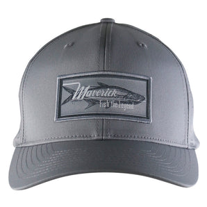 Gray baseball cap with a fish graphic and maverick logo on the front patch. 