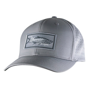 Gray baseball cap with a grey patch containing the maverick logo and a fish design.