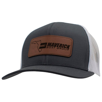 Gray baseball cap with a white mesh back, featuring a brown leather patch with the Maverick Boat Group logo.