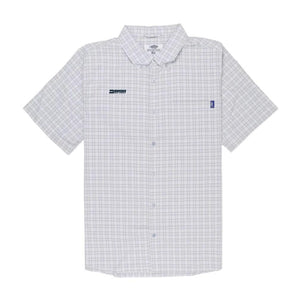 Short-sleeve grey plaid shirt with a navy maverick logo on the right chest. 