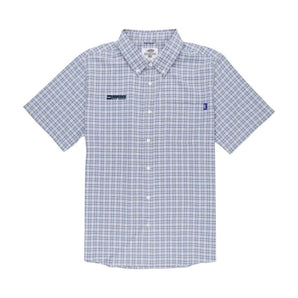 Short-sleeve blue and white plaid shirt with buttons and the maverick logo in navy on the right chest.